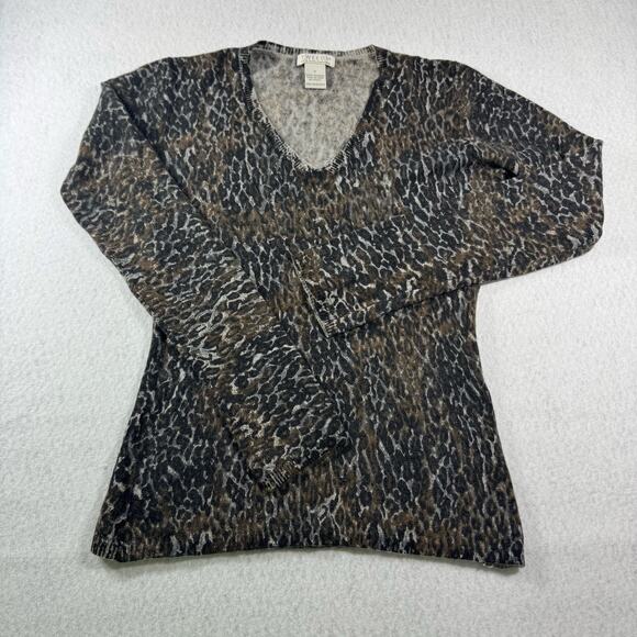 Tweeds 100% 2 Ply Cashmere Leopard Animal Print LS Size Small V Neck Sweater Top - Picture 2 of 9
